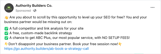 Facebook ad written by a conversion-focused copywriter, displaying copy, call to action and landing page link.