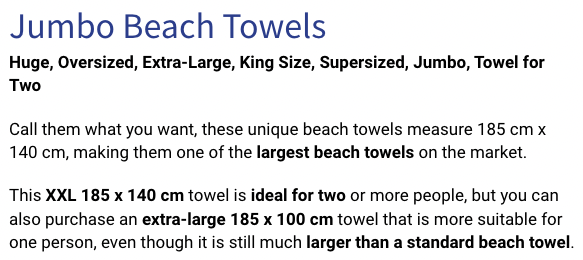 An example of an SEO-optimised product description that targets the phrase 'Jumbo beach towel.'