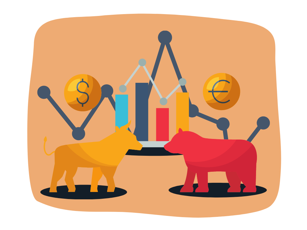 Bull and bear standing in front of stock market graph