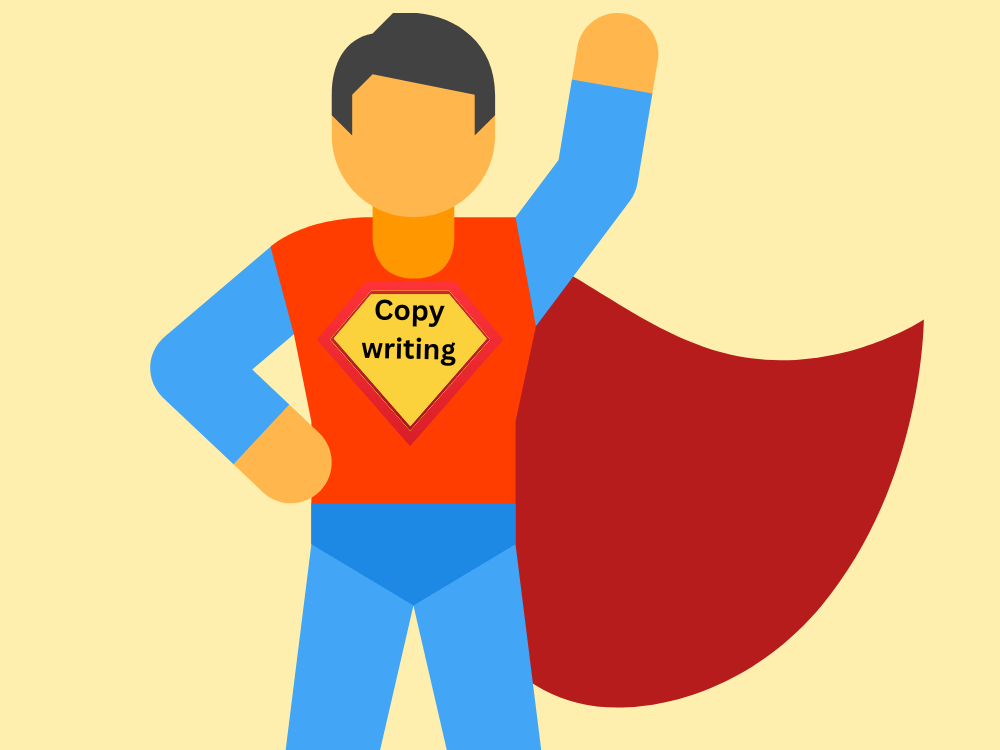 Superhero with 'copywriting' written across his chest