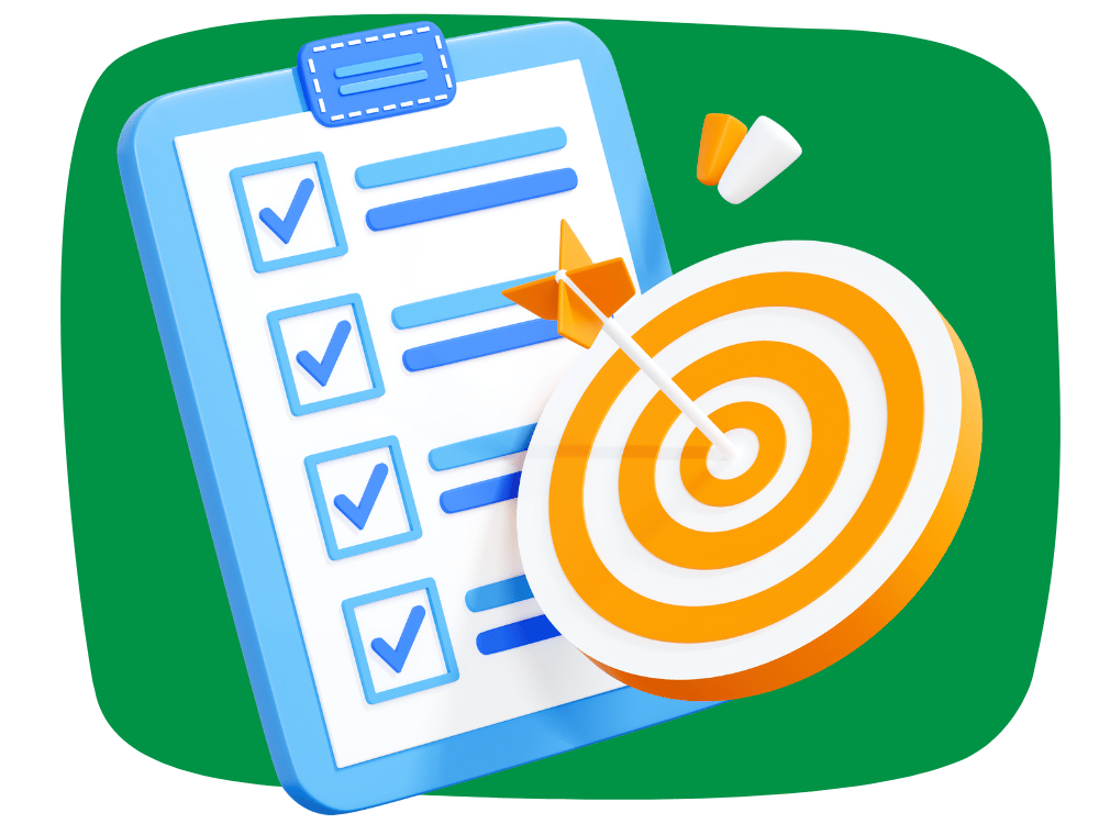 An SEO checklist next to a target with an arrow sticking out of it