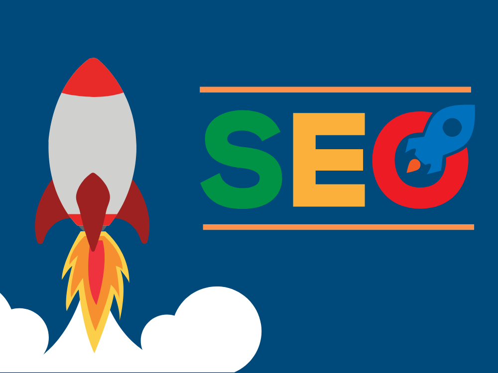Rocket ship taking off with the word 'SEO' written next to it