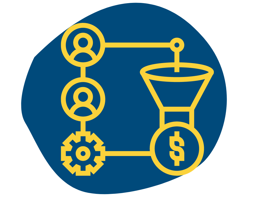 Yellow sales funnel diagram in front of a blue background