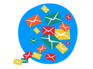 Colourful email symbols floating across blue circular background