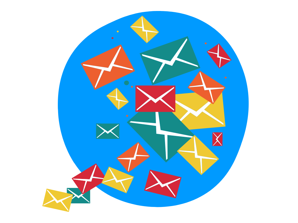 Colourful email symbols floating across blue circular background