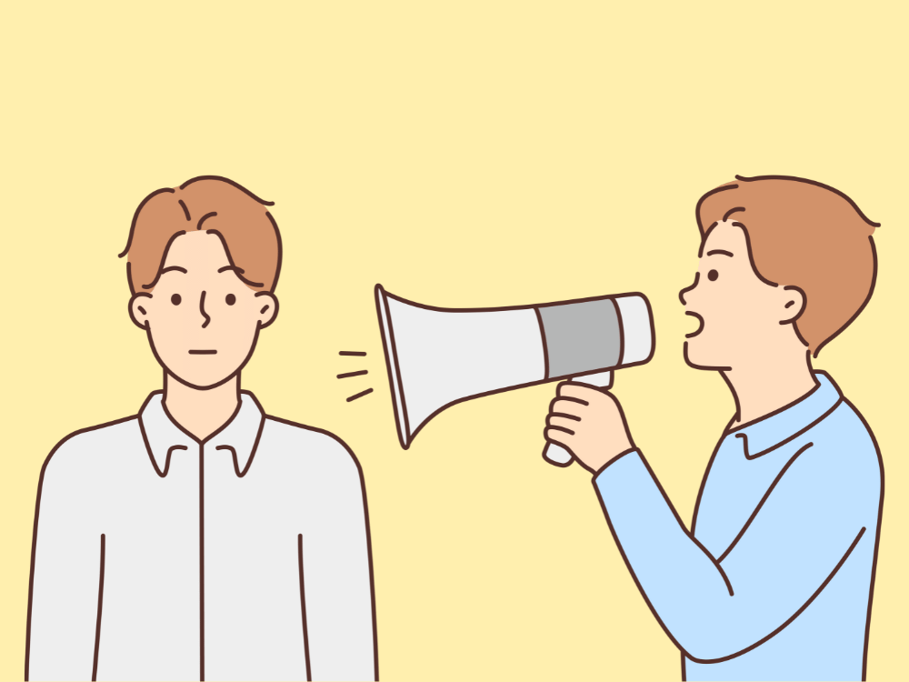 Cartoon copywriter with megaphone talking to a customer