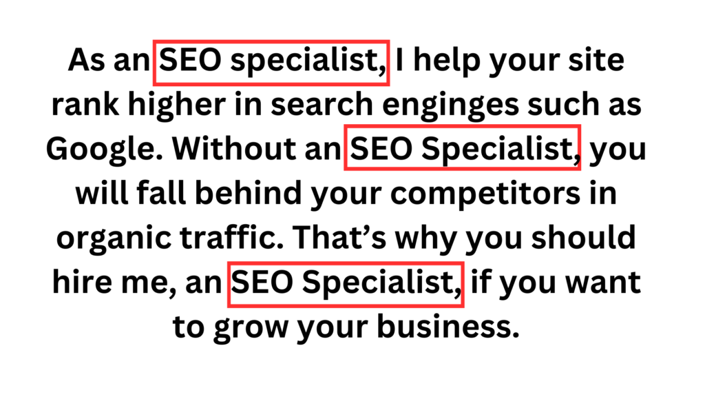 An example of keyword stuffing with the words "SEO Specialist" repeated three times in a single paragraph.