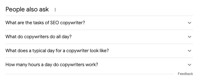 Google's people also ask section displaying four related questions about SEO copywriting