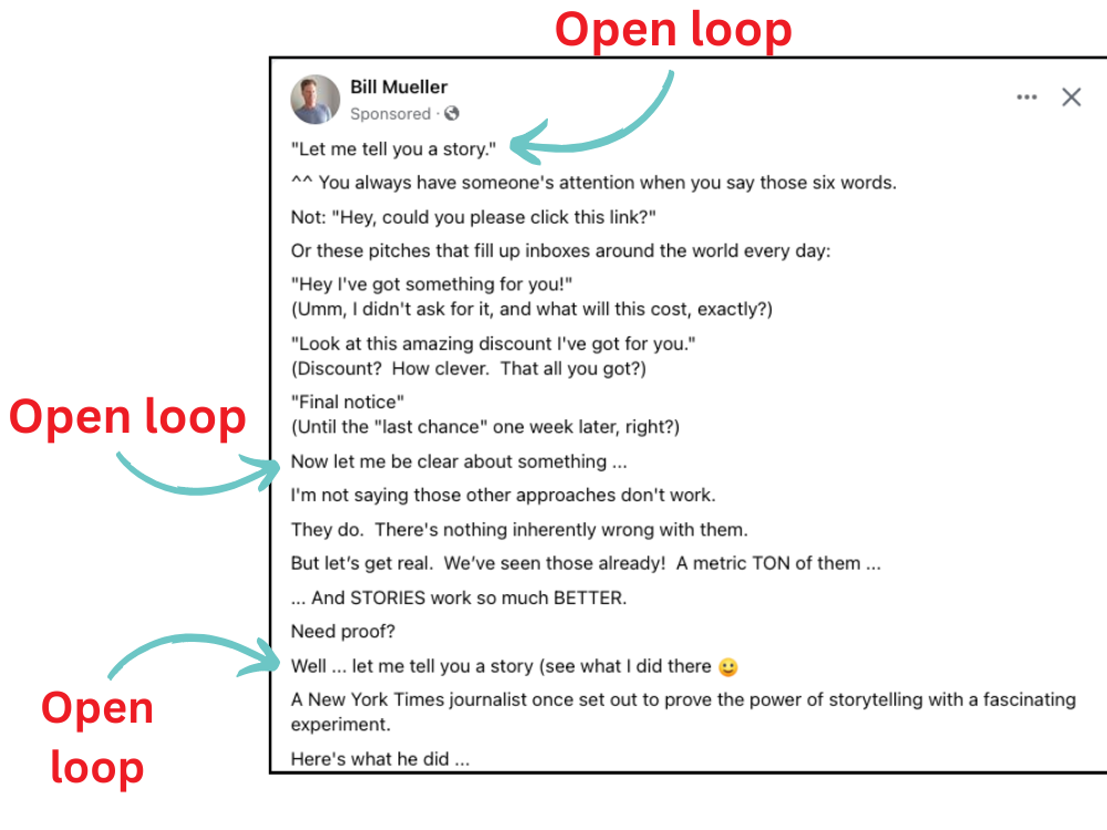 Facebook ad with uses numerous examples of open loops within the body copy