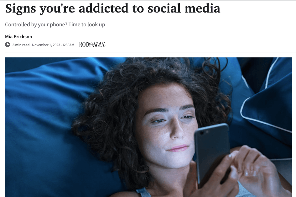 Headline for a newspaper that uses an open loop, with photo of someone scrolling social media.