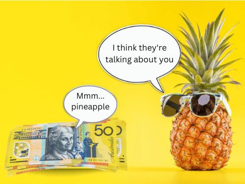 Pineapple with sunglasses talking to $50 note using speech bubbles.