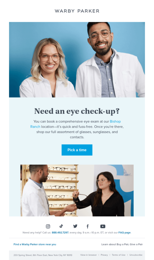 Email from Warby Parker asking customers if they need an eye check-up.