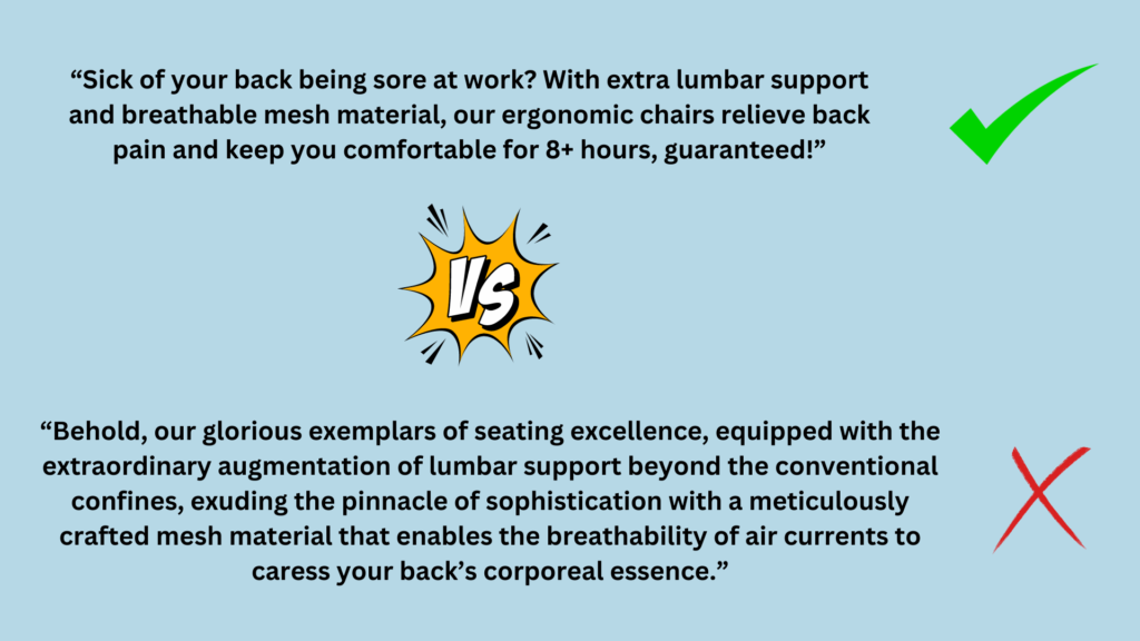 An example of simple copywriting vs an example of confusing copywriting, both describing an office chair.