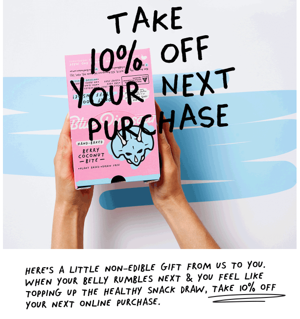 A pair of hands holding a box of Blue Dinosaur protein bars, with some copywriting underneath offering a 10% discount. 