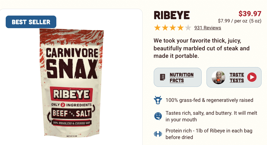 Product description copy for food and beverage company Carnivore Snax, selling a dried beef snack.