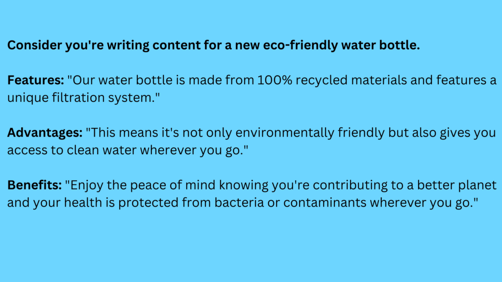 Written text highlighting how you might use the FAB copywriting framework for a water bottle product.