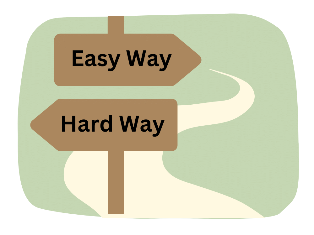 Two signs, one says the easy way and the other says the hard way.