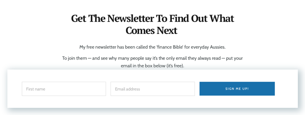 A direct response copywriting example of a newsletter sign-up form.