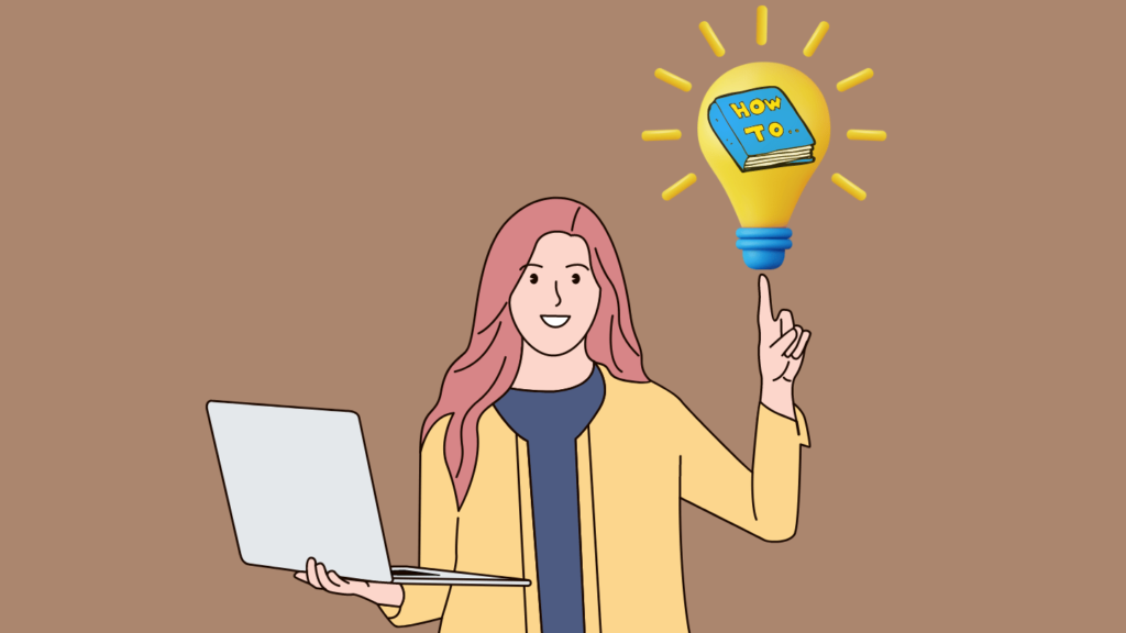 Copywriter with a laptop and an idea light bulb floating above their head with the words "how to" inside it.