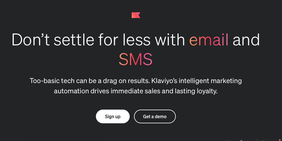 Klaviyo's website headline complex with a button prompting people to book a demo.
