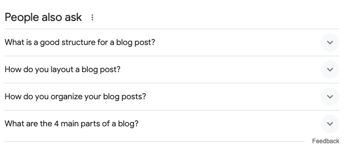 List of questions about blog posts in the "people also ask" section on the Google results page.