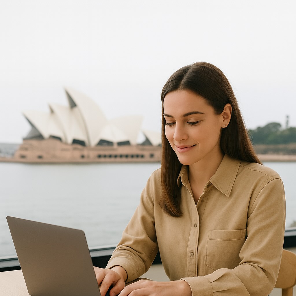 An Australian copywriter sitting at a laptop in front of the Sydney Opera House.
