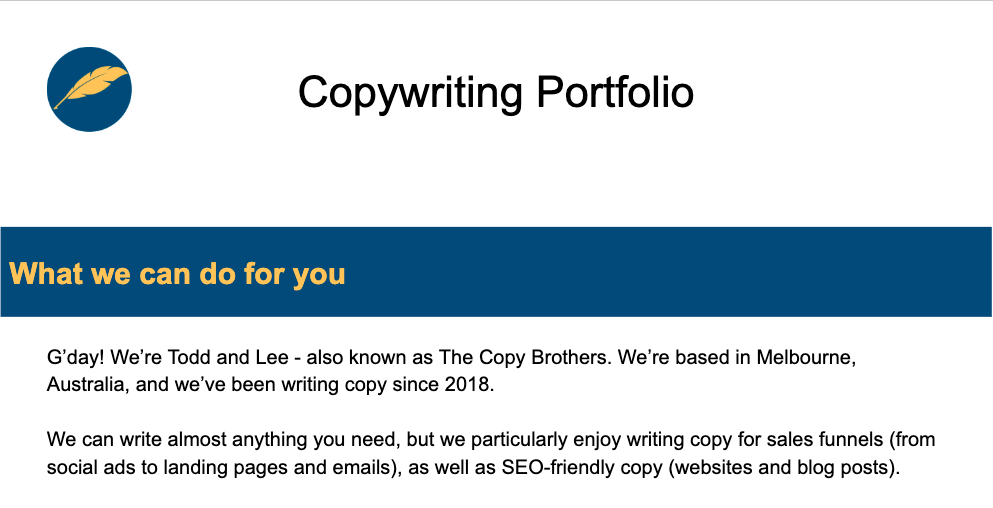 A screenshot of a copywriting portfolio showing an about me section.