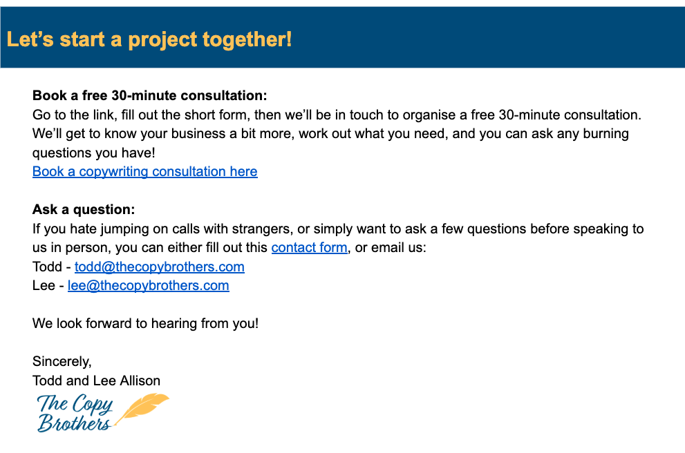 A screenshot of a copywriting portfolio showing a contact us section.