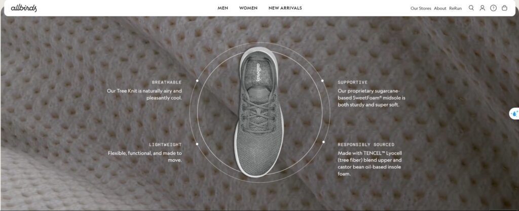 Allbirds ecommerce copywriting example showing benefit-led product description.
