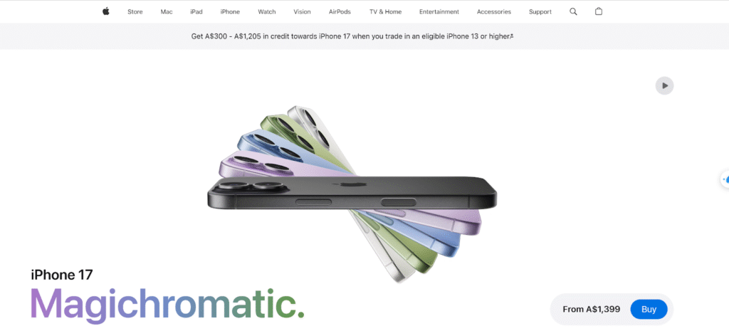 Apple iPhone launch page with bold minimalist copy and visuals