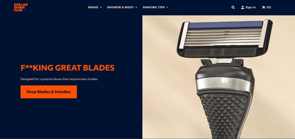 Dollar Shave Club launch page with bold viral razor copy
