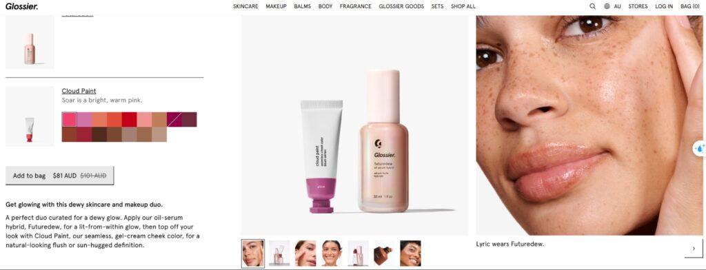 Glossier product copy using sensory storytelling for Dewy Look duo