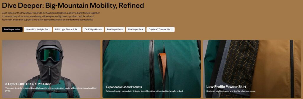 A screenshot of the PowSlayer Freeride Kit page showing a hooded skier and key jacket features.”