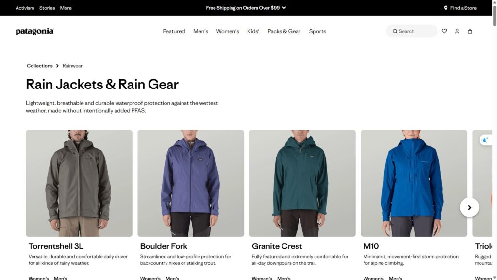 Patagonia rainwear page with shell jackets, insulated jackets, and rain pants
